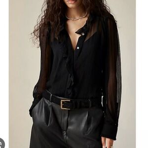 J. Crew Ruffle Button Up Shirt in Crinkle Chiffon Women’s Black Blouse Top 6